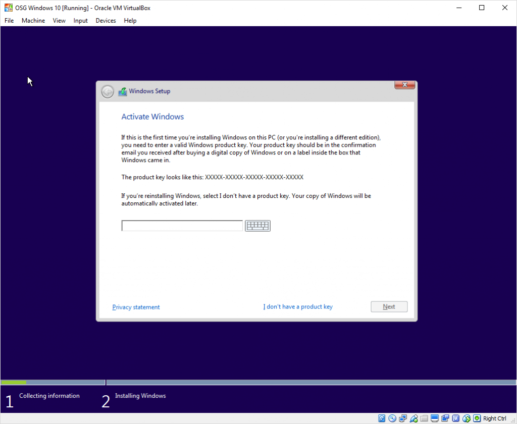 Windows 10 operating system installation